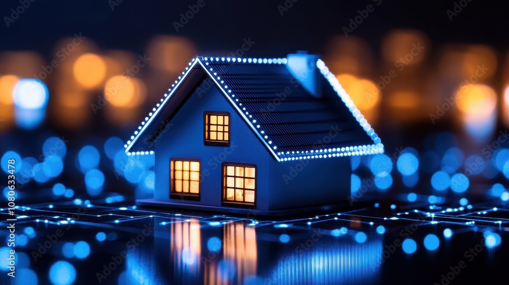 Miniature house model illuminated with blue LED lights, creating a dreamy atmosphere with blurred bokeh background of warm glowing candles and vibrant blue lights. Miniature house model illuminated with blue LED lights, creating a dreamy atmosphere with blurred bokeh background of warm glowing candles and vibrant blue lights.