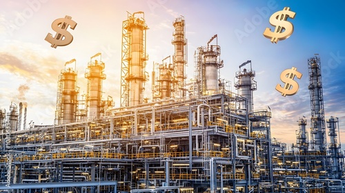 Wallpaper Mural Oil refinery at sunset with dollar signs floating in the sky. Petrodollars  Torontodigital.ca