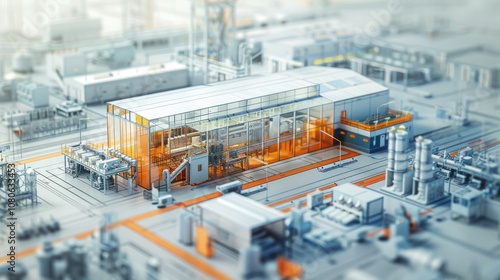 A miniature model of a modern industrial complex with a variety of buildings and machinery, showcasing a futuristic vision of manufacturing.
