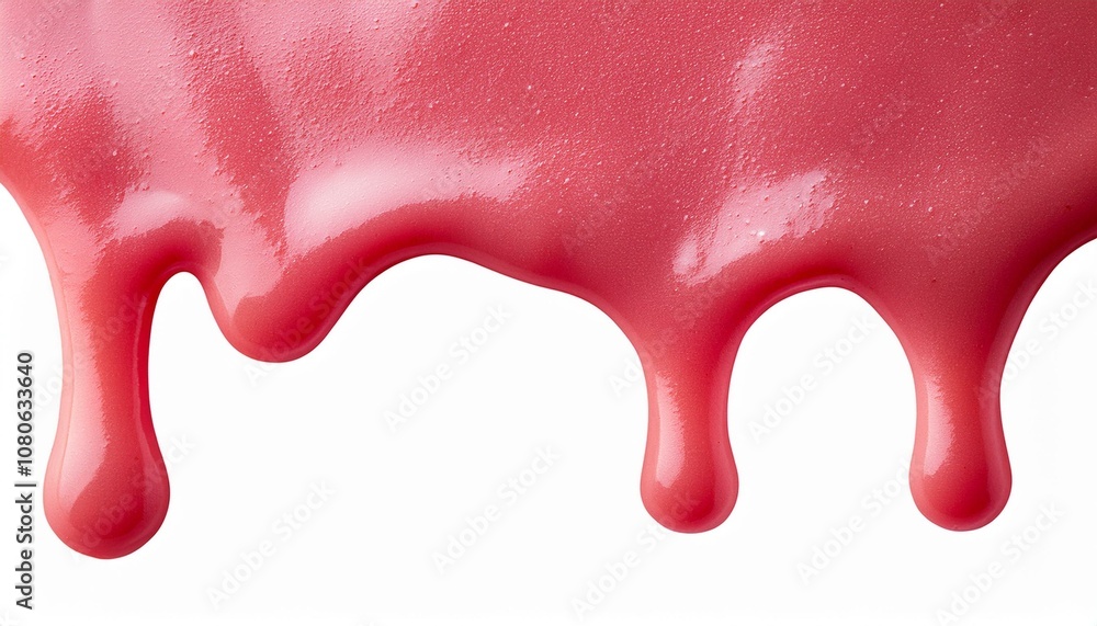 Close-up of smooth pink paint dripping on  a white background.