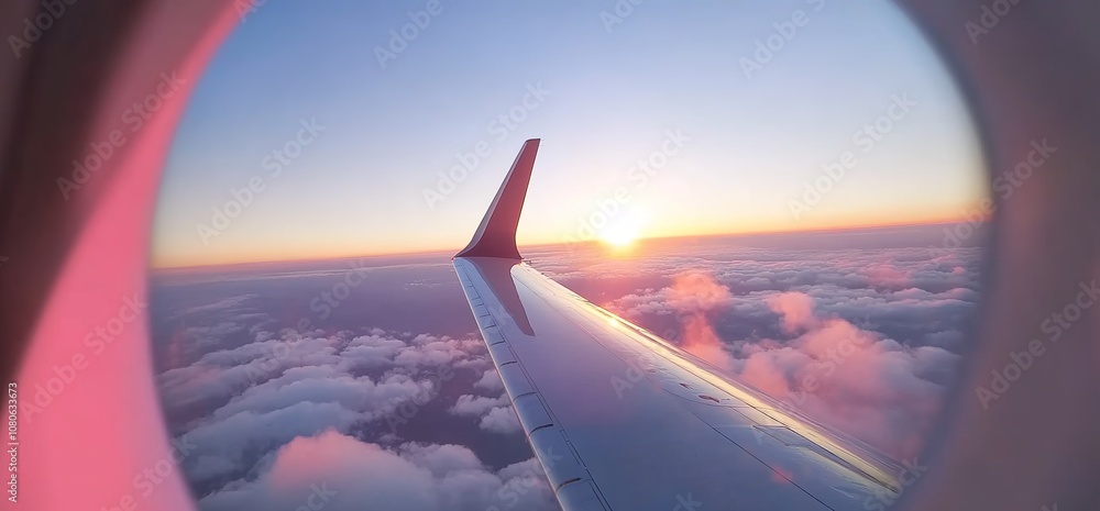 The wing of an airplane is seen through the window, with a pastel pink and blue sky and clouds in the background. The wing of an airplane is seen through the window, with a pastel pink and blue sky and clouds in the background.