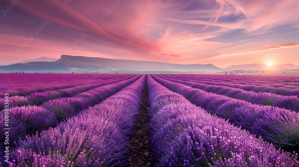 A vibrant lavender field under a colorful sunset, showcasing nature's beauty and tranquility. A vibrant lavender field under a colorful sunset, showcasing nature's beauty and tranquility.
