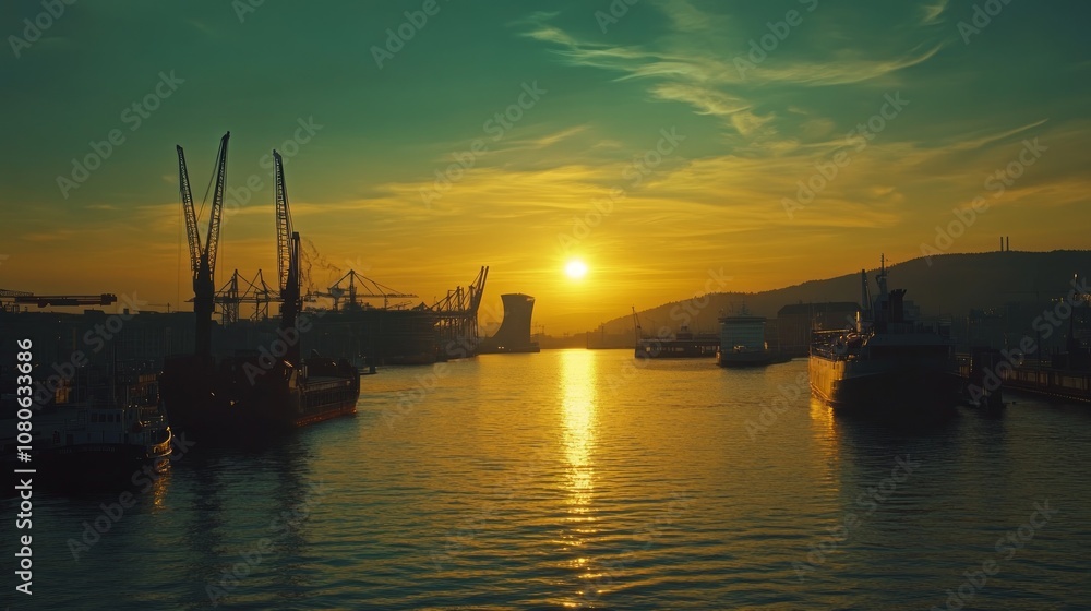 A picturesque sunset over a bustling harbor with ships and cranes silhouetted against the golden sky. A picturesque sunset over a bustling harbor with ships and cranes silhouetted against the golden sky.