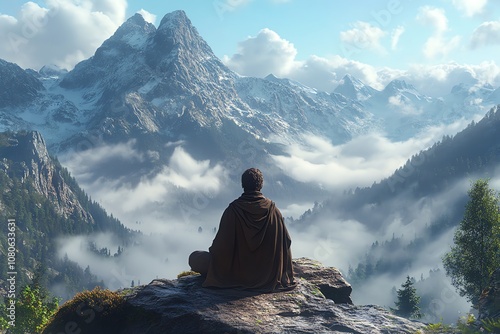 A man sits in meditation on a mountaintop overlooking a sea of clouds and snow-capped peaks.