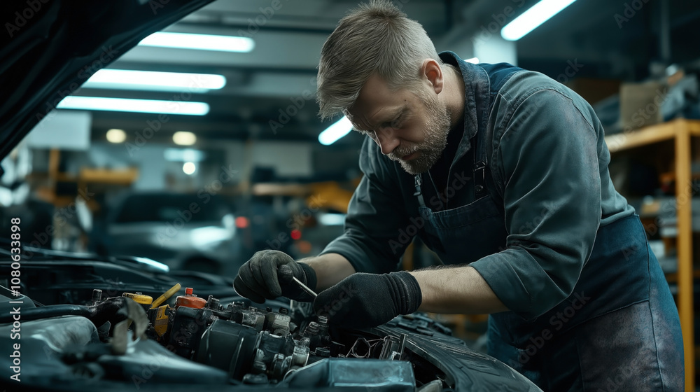 Mechanic with gloves repairing car engine in a workshop setting, focusing on automotive details and wearing work overalls. Mechanic with gloves repairing car engine in a workshop setting, focusing on automotive details and wearing work overalls.
