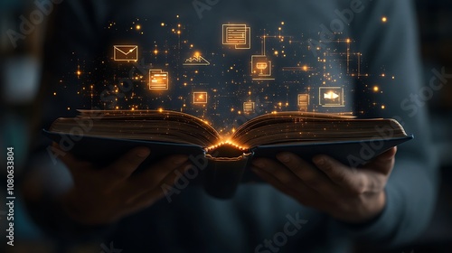 A man holds an open book with glowing symbols of icon, Digital technology hologram icon on open book