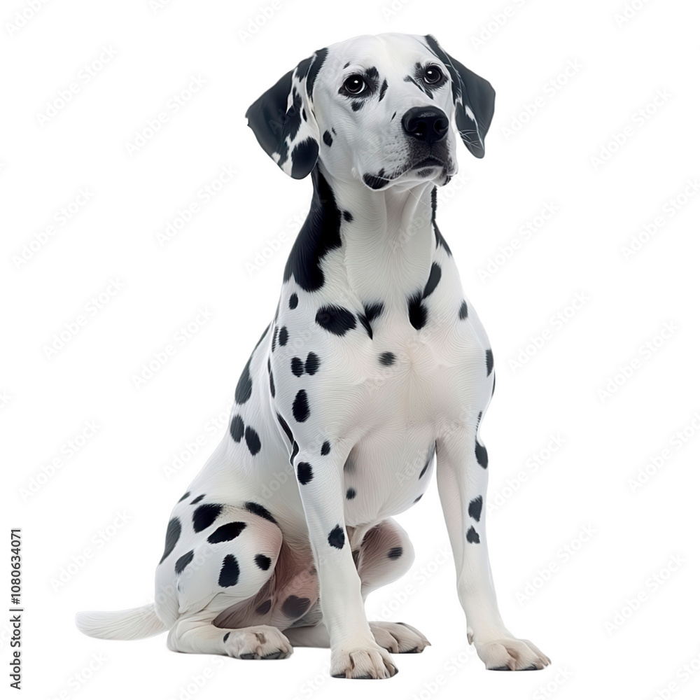 Dalmatian Elegance-Spotted canine seated, white backdrop, alert gaze, distinctive black spots, classic poise on a transparent background. Dalmatian Elegance-Spotted canine seated, white backdrop, alert gaze, distinctive black spots, classic poise on a transparent background.