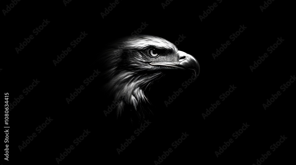 Bald eagle in profile, black background emphasizing white feathers and sharp beak, symbolizing dignity and strength Bald eagle in profile, black background emphasizing white feathers and sharp beak, symbolizing dignity and strength
