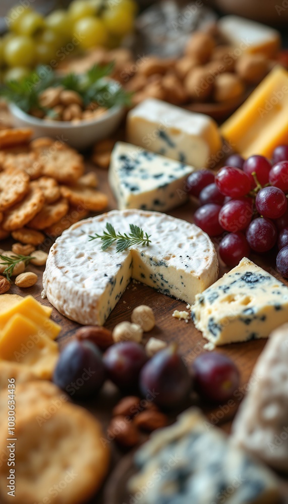 Elegant cheese board with crackers, grapes, nuts, and fine cheese Elegant cheese board with crackers, grapes, nuts, and fine cheese