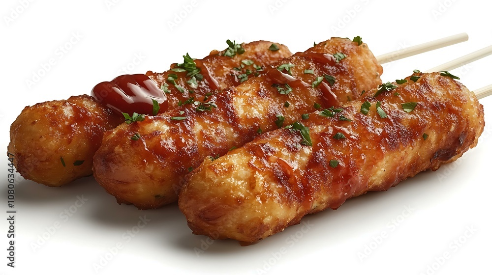American corn dog with ketchup, isolated on white background American corn dog with ketchup, isolated on white background