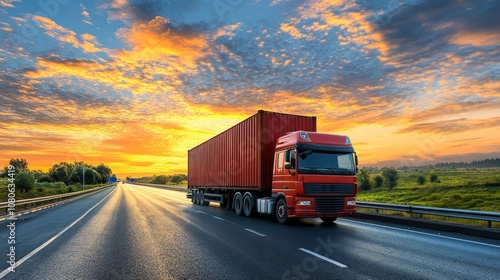 A red semi-trailer truck drives on a highway at sunset with a beautiful fiery sky.