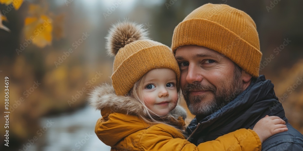 A heartwarming moment captured between a father and his young daughter wearing matching warm winter hats in an autumn forest setting A heartwarming moment captured between a father and his young daughter wearing matching warm winter hats in an autumn forest setting