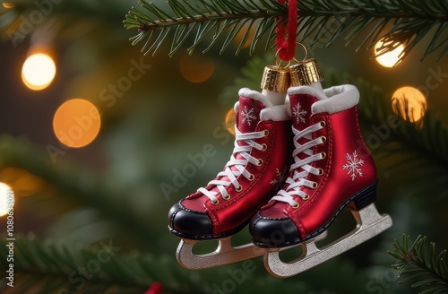 Hockey skates ornament or bauble on Christmas tree branch. Greeting card for school, sportclub or hockey equipment sale photo