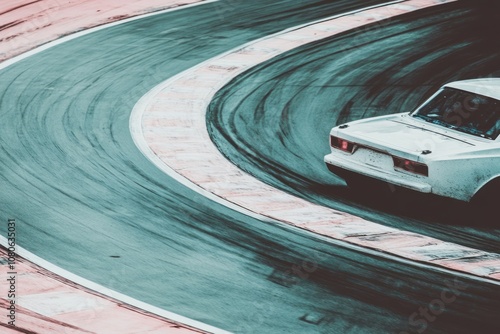 A white vintage race car drifts around a corner on a race track.