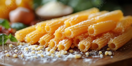 A close-up view of uncooked rigatoni pasta pieces sprinkled with flour on a rustic wooden surface, representing authentic Italian culinary tradition photo