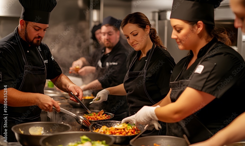 A group of chefs, both male and female, wearing black aprons, in the kitchen preparing dishes for guests at an upscale restaurant, A group of chefs, both male and female, wearing black aprons, in the kitchen preparing dishes for guests at an upscale restaurant,