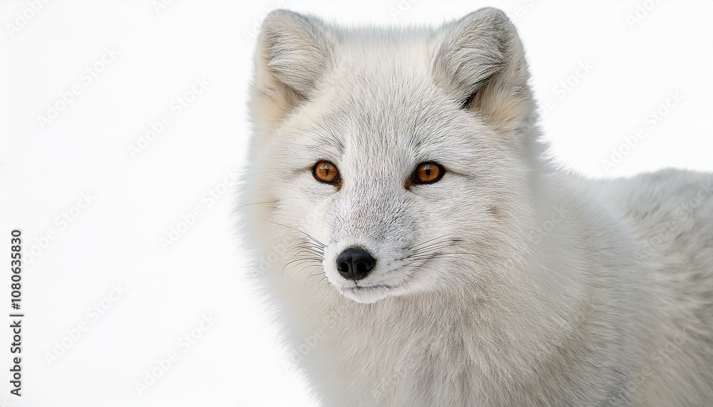 Close-up of a beautiful arctic fox with soft white fur a white background. Close-up of a beautiful arctic fox with soft white fur a white background.