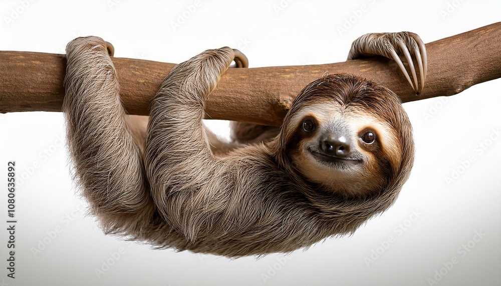 Fototapeta premium A sloth hanging from a branch, showcasing its adorable expression a white background.