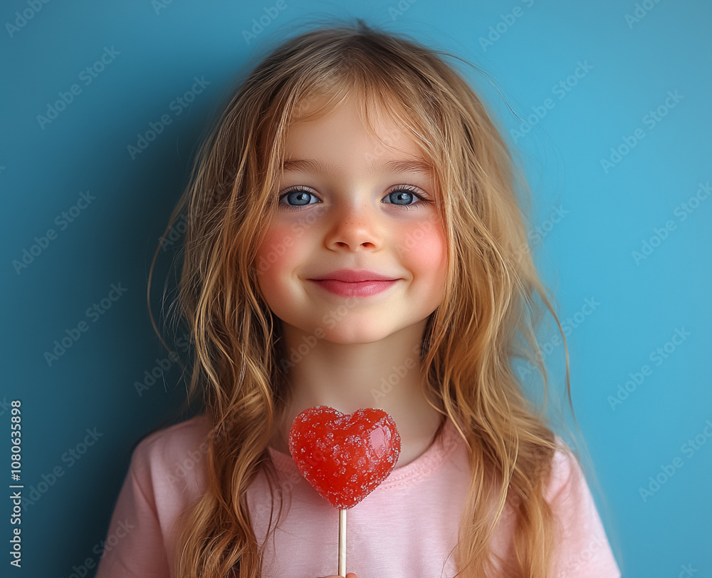 A happy little gir holding a heart shaped lollipop. A happy little gir holding a heart shaped lollipop.