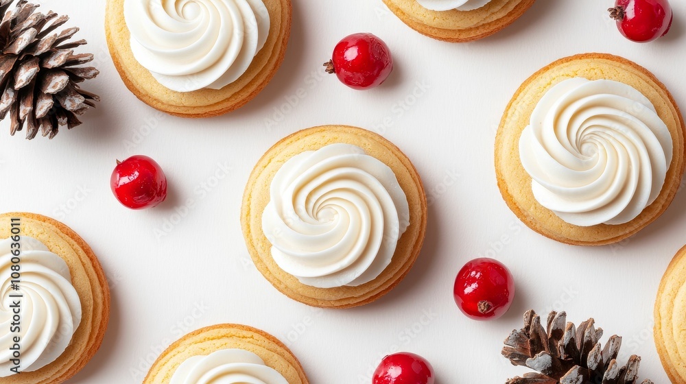 Christmas cookies whipped concept, Festive cookies topped with swirls of cream, surrounded by pinecones and red berries, evoke a cozy winter atmosphere. Christmas cookies whipped concept, Festive cookies topped with swirls of cream, surrounded by pinecones and red berries, evoke a cozy winter atmosphere.
