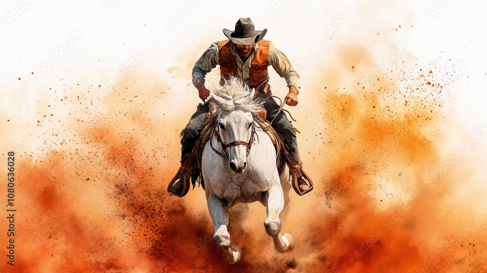 dynamic cowboy riding white stallion through orange dust clouds dynamic cowboy riding white stallion through orange dust clouds