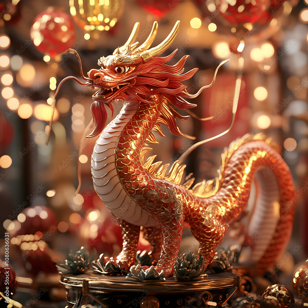 Obraz premium A majestic dragon statue adorned with vibrant colors and intricate details stands amidst festive decorations in a lively celebration