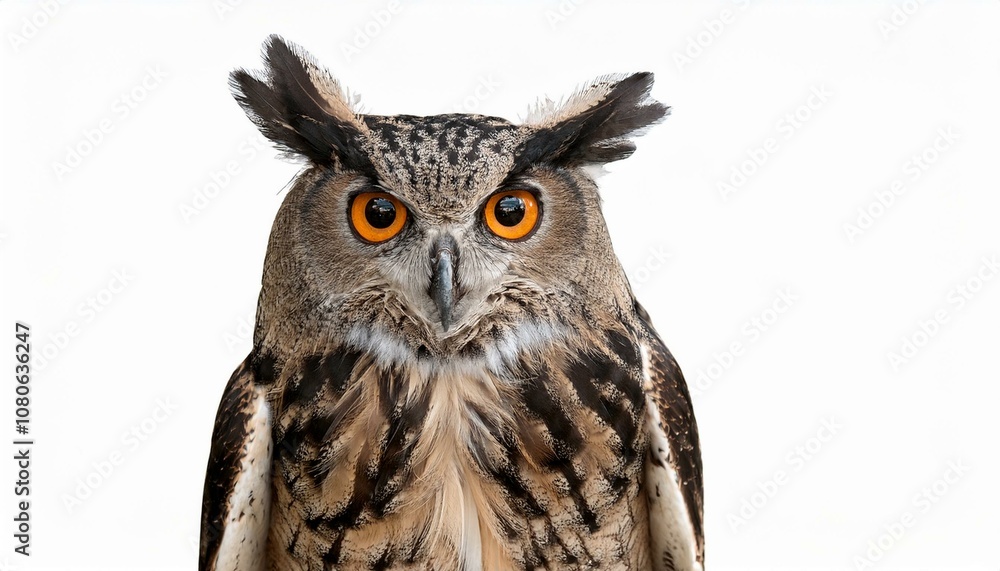 Fototapeta premium A majestic owl with striking orange eyes and detailed feathers a white background.