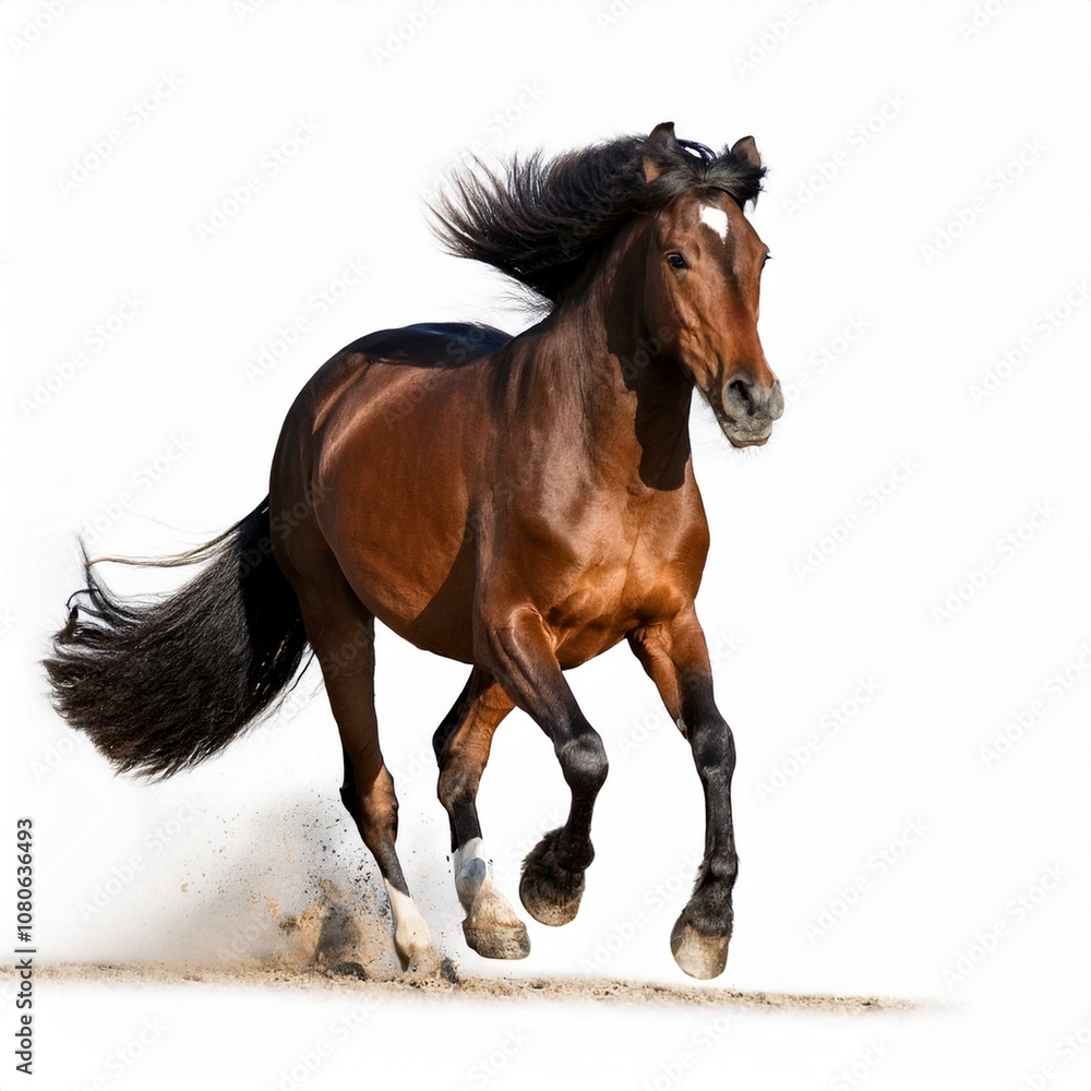 Obraz premium A majestic brown horse galloping with grace and power a white background.
