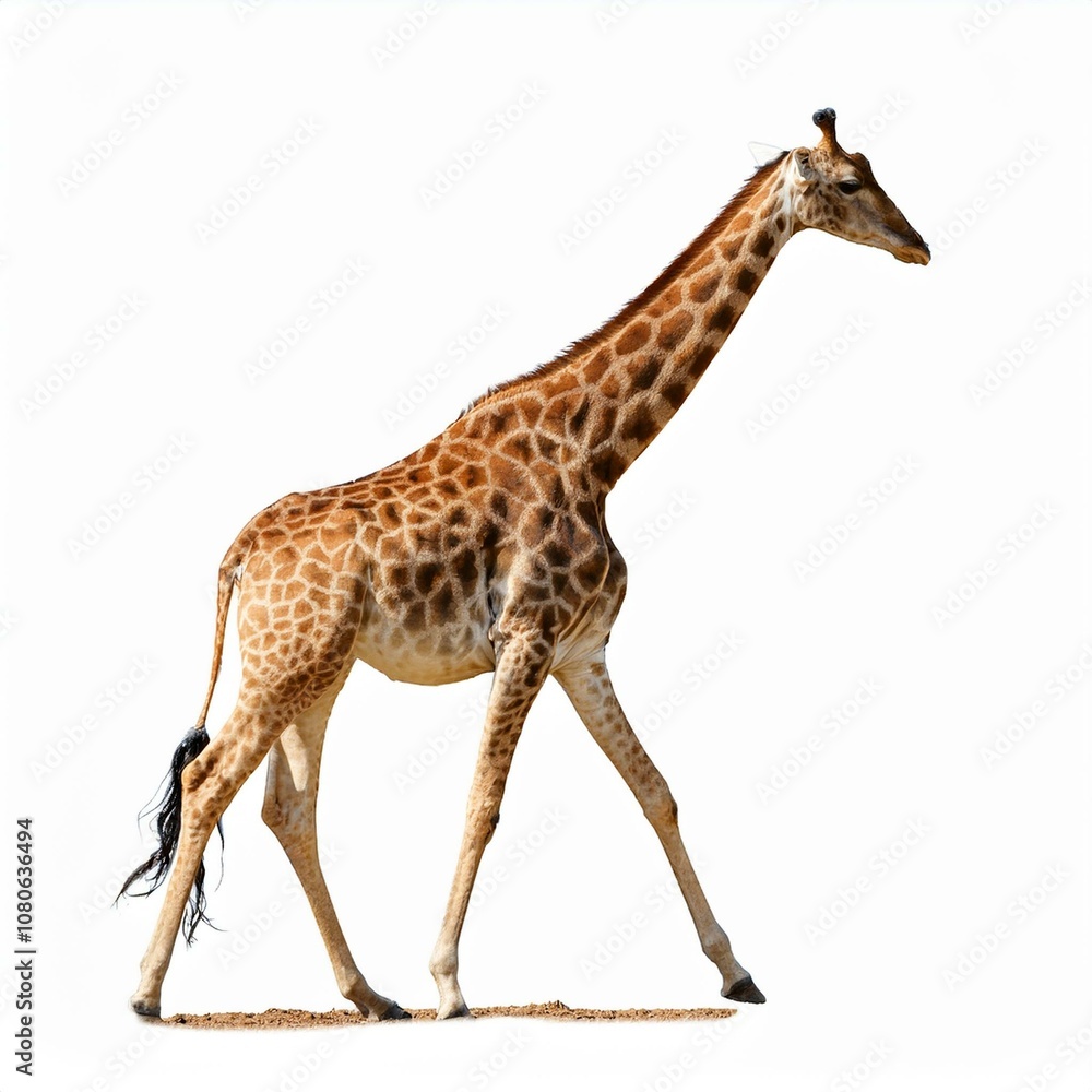 Naklejka premium A graceful giraffe walking elegantly in the wild a white background.