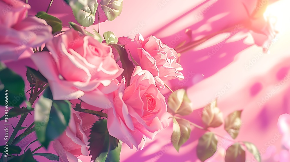 A close-up of pink roses with soft lighting against a pastel background, creating a serene and romantic atmosphere. A close-up of pink roses with soft lighting against a pastel background, creating a serene and romantic atmosphere.