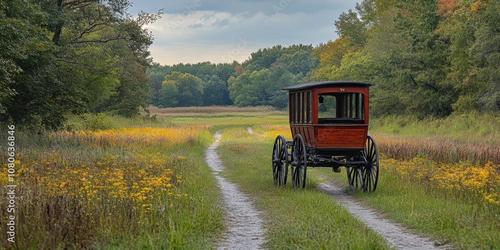 Fototapeta premium A beautifully serene country scene featuring a classic horse-drawn carriage on a narrow dirt path surrounded by lush green trees and wildflowers
