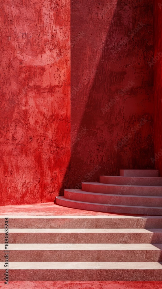 Fototapeta premium Vibrant red staircase with dramatic shadows, showcasing minimalist architecture and bold color contrast.