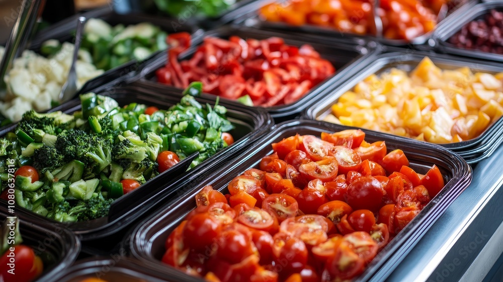 Crisp tomatoes and spicy peppers make up this vibrant lunch buffet. Perfect for nutritious deliveries that highlight tasty and fresh ingredients Crisp tomatoes and spicy peppers make up this vibrant lunch buffet. Perfect for nutritious deliveries that highlight tasty and fresh ingredients