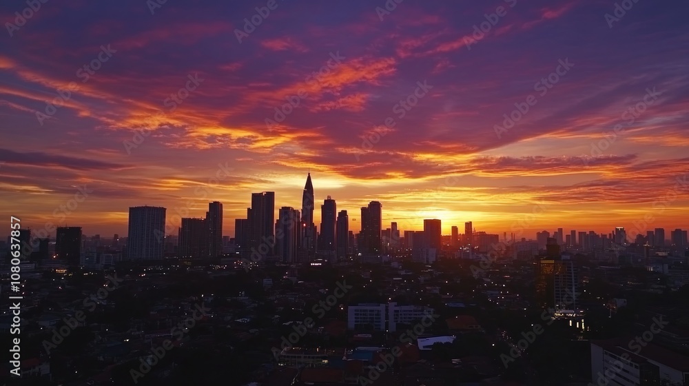 Obraz premium A stunning sunset over a city skyline, with vibrant red and orange clouds in the sky.