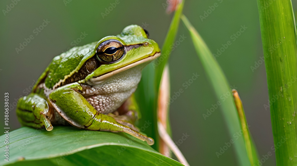 Male of European tree frog hula arboreal sitting on a green tree green background, Male of European tree frog hula arboreal sitting on a green tree green background,