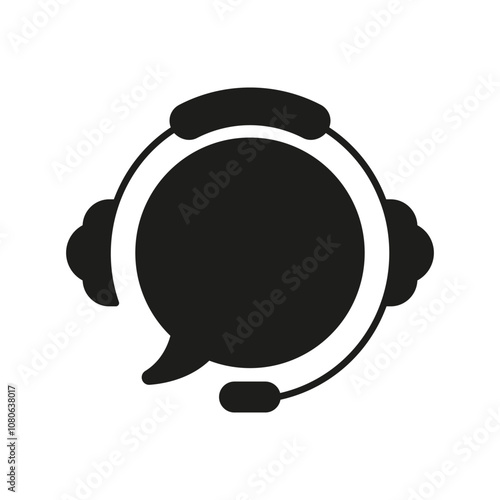 Headset with Chat Bubble Silhouette Icon for Customer Support and Communication. Online Help and Customer Service Symbol. Remote Assistance Glyph Sign. Isolated Vector Illustration