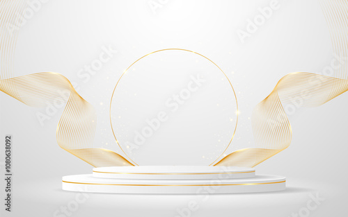 White podium with elegant gold wave lines on the back for product presentation. Display of cosmetic products. Stage or podium. vector illustration	