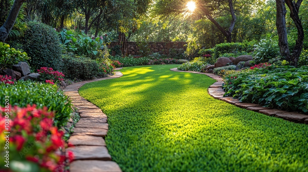 Obraz premium A picturesque garden with a winding path, surrounded by vibrant flowers and lush greenery, illuminated by warm sunlight filtering through the trees