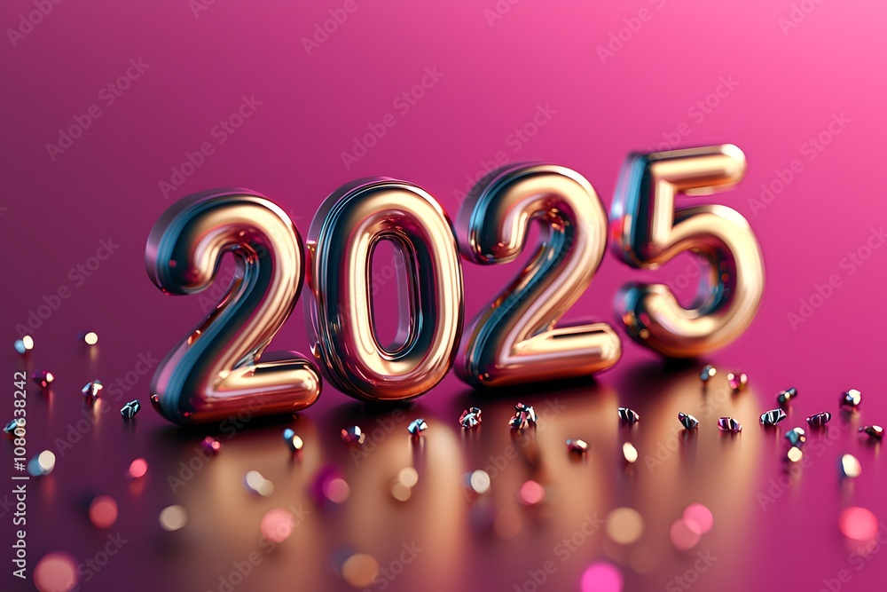 Shiny metallic numbers representing the year 2025 on a vibrant background. Generative AI. Shiny metallic numbers representing the year 2025 on a vibrant background. Generative AI.