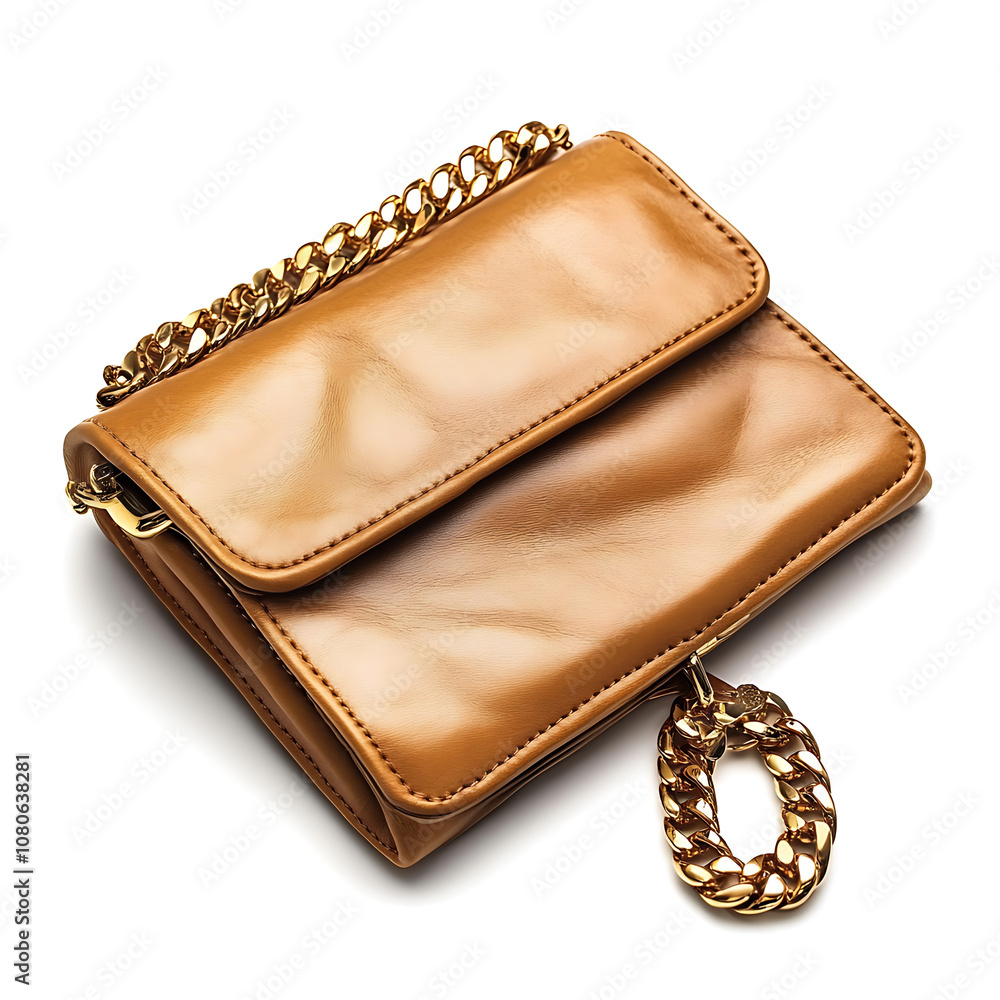 Cross Body Bag with Golden Chain in Camel Color, isolated Cross Body Bag with Golden Chain in Camel Color, isolated