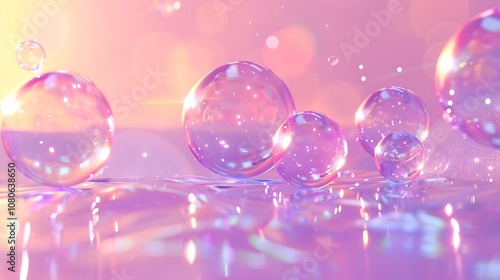 A serene scene featuring shimmering soap bubbles reflecting light in a soft, pastel-colored environment.