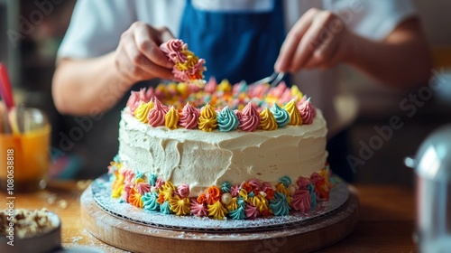 Chef decorating a colorful cake with floral frosting.