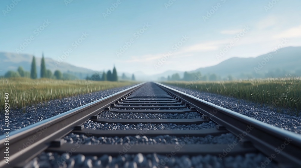 Fototapeta premium Scenic railroad tracks leading to distant horizon in countryside landscape