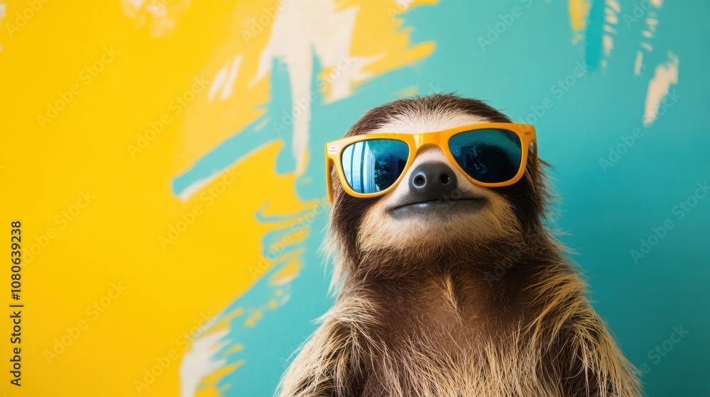 Obraz premium Cool sloth with sunglasses against a bright, lively background, combining humor and style in a quirky, colorful image.