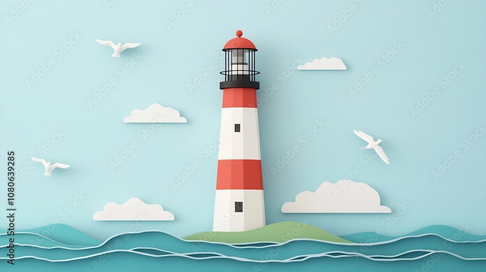 Majestic Lighthouse Illuminating the Coastal Landscape with Seagulls and Waves in 3D Majestic Lighthouse Illuminating the Coastal Landscape with Seagulls and Waves in 3D