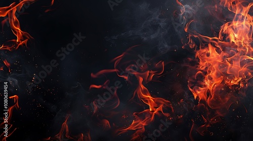 A dynamic abstract representation of fire with swirling flames and smoke against a dark background.