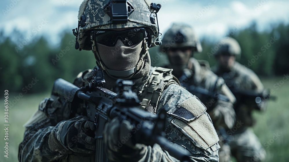 Squad of armed soldiers patrolling forest area with assault rifles Squad of armed soldiers patrolling forest area with assault rifles