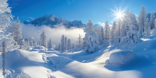 Wallpaper Mural A breathtaking winter wonderland scene unfolds where snow-covered trees and mountains glisten under the radiant winter sun creating a serene and magical atmosphere Torontodigital.ca