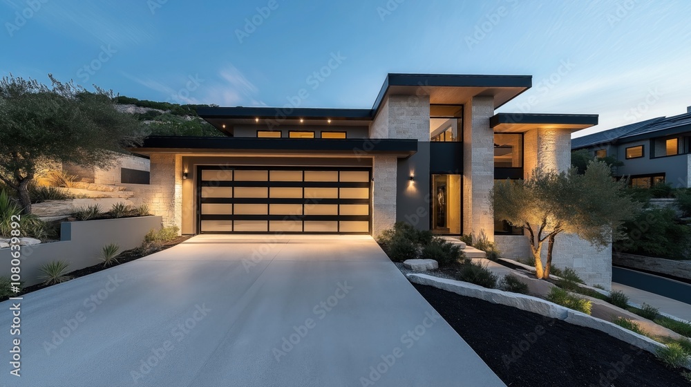 Modern two-story house with stone and wood facade, large windows, and a well-lit driveway surrounded by landscaping at dusk Modern two-story house with stone and wood facade, large windows, and a well-lit driveway surrounded by landscaping at dusk