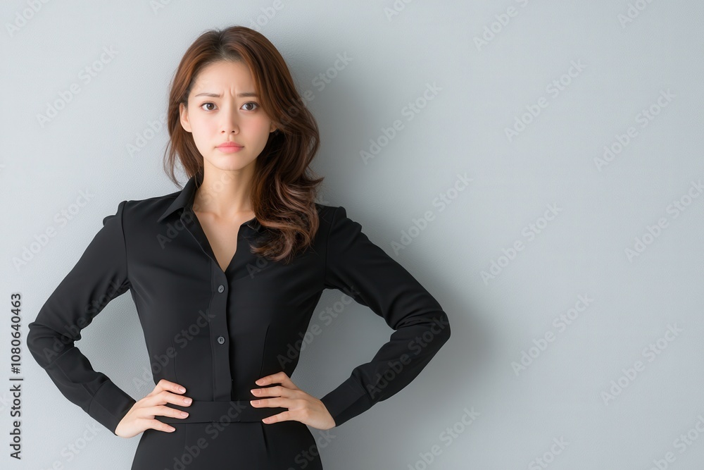 Frustrated Asian Woman With Hands on Her Hips Expressing Discontent and Defiance Against a Simple Light Background Frustrated Asian Woman With Hands on Her Hips Expressing Discontent and Defiance Against a Simple Light Background